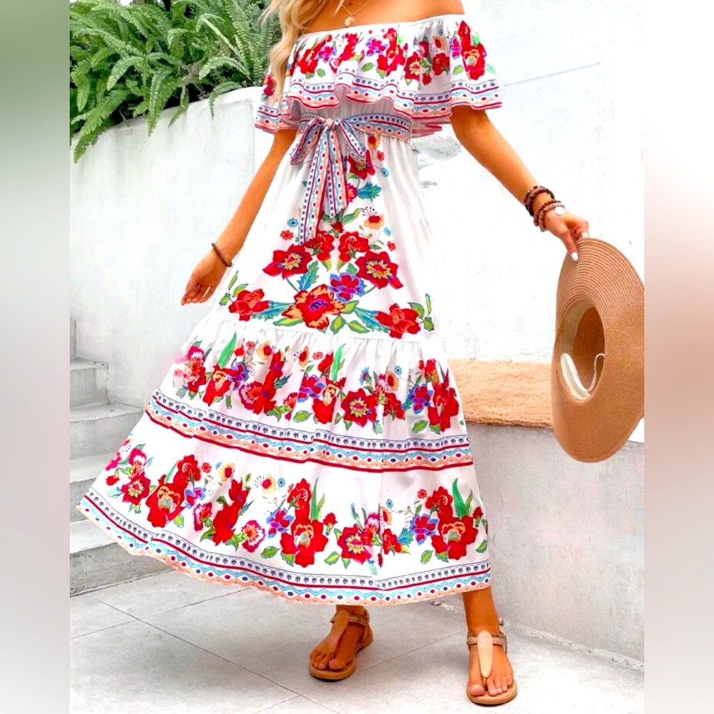 Women’s Boutique Floral Print off the shoulder Ruffle Hem Belted Dress. XL. NWOT